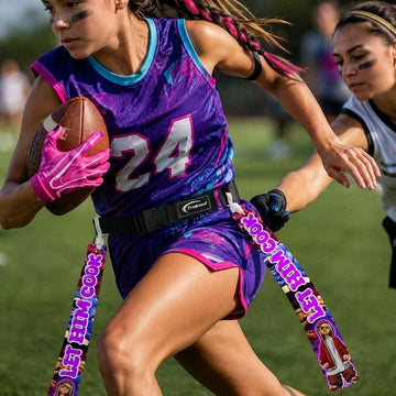 Trained custom flag football belt with Too Slow II graphic design