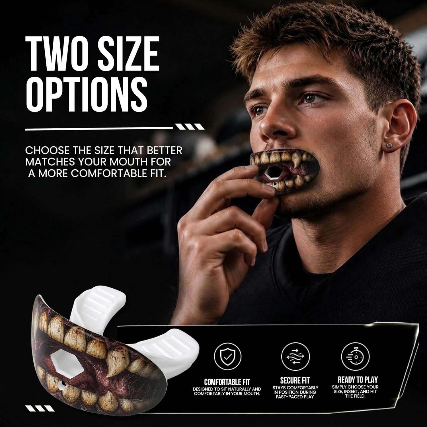 Football Mouth Guard with Strap for Youth & Adults - Monster Teeth