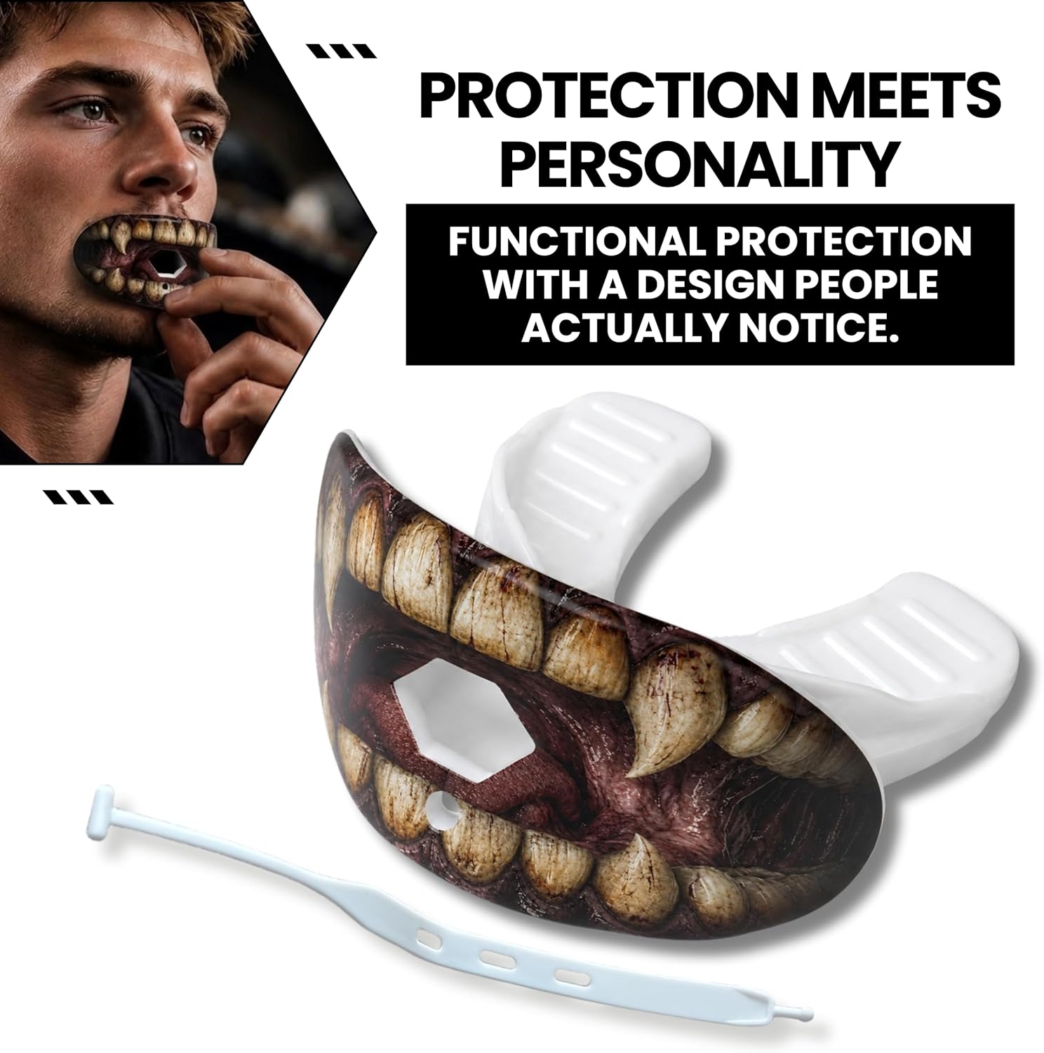 Football Mouth Guard with Strap for Youth & Adults - Monster Teeth