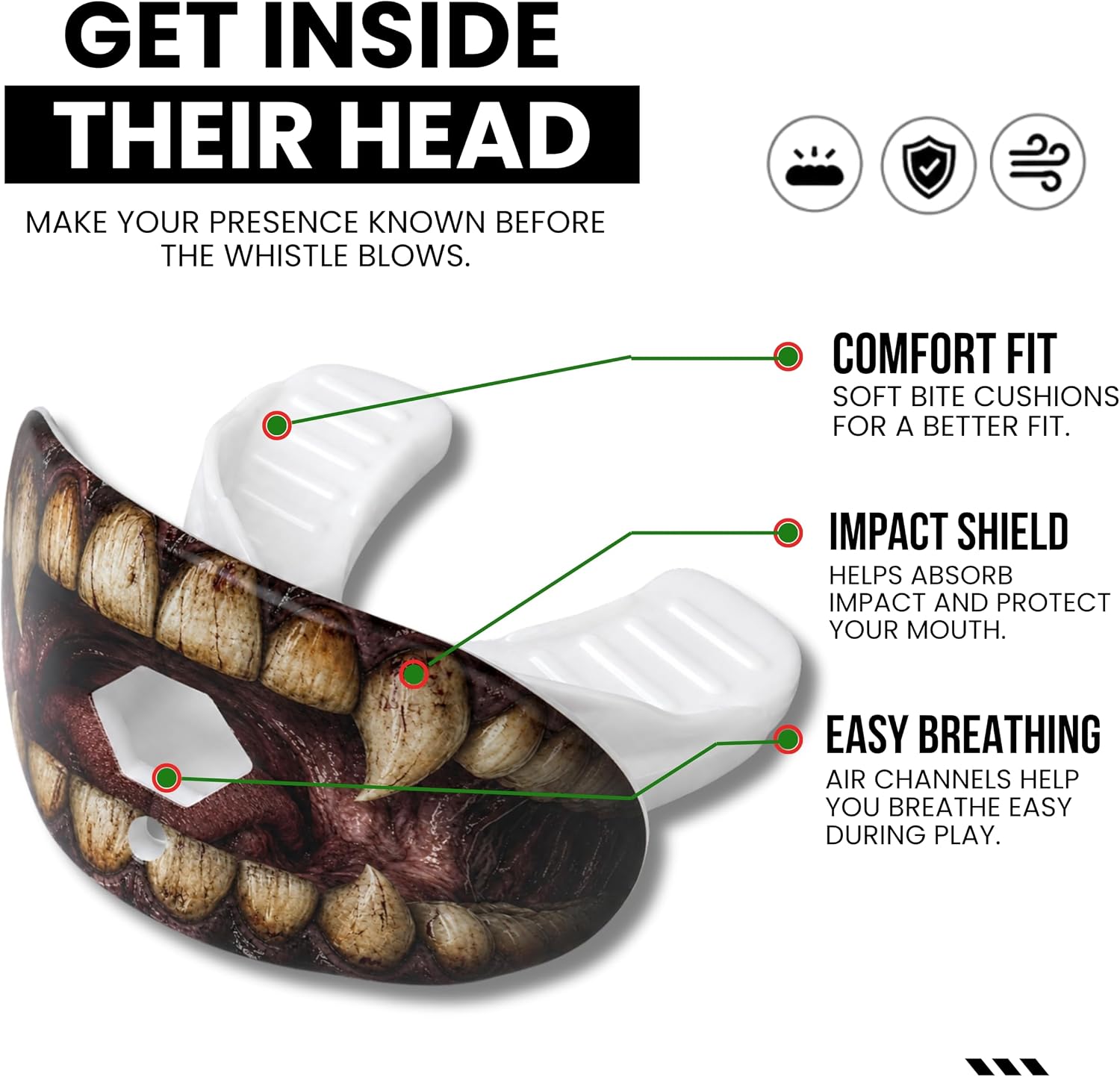 Football Mouth Guard with Strap for Youth & Adults - Monster Teeth