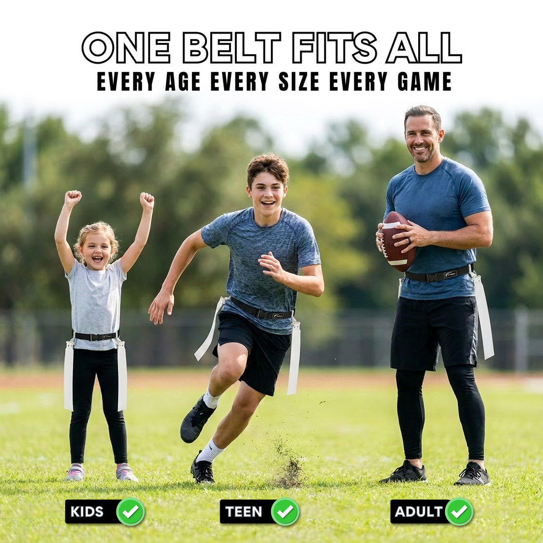 Trained 10 person flag football set with 10 adjustable belts and flag pulls in white and carry bag