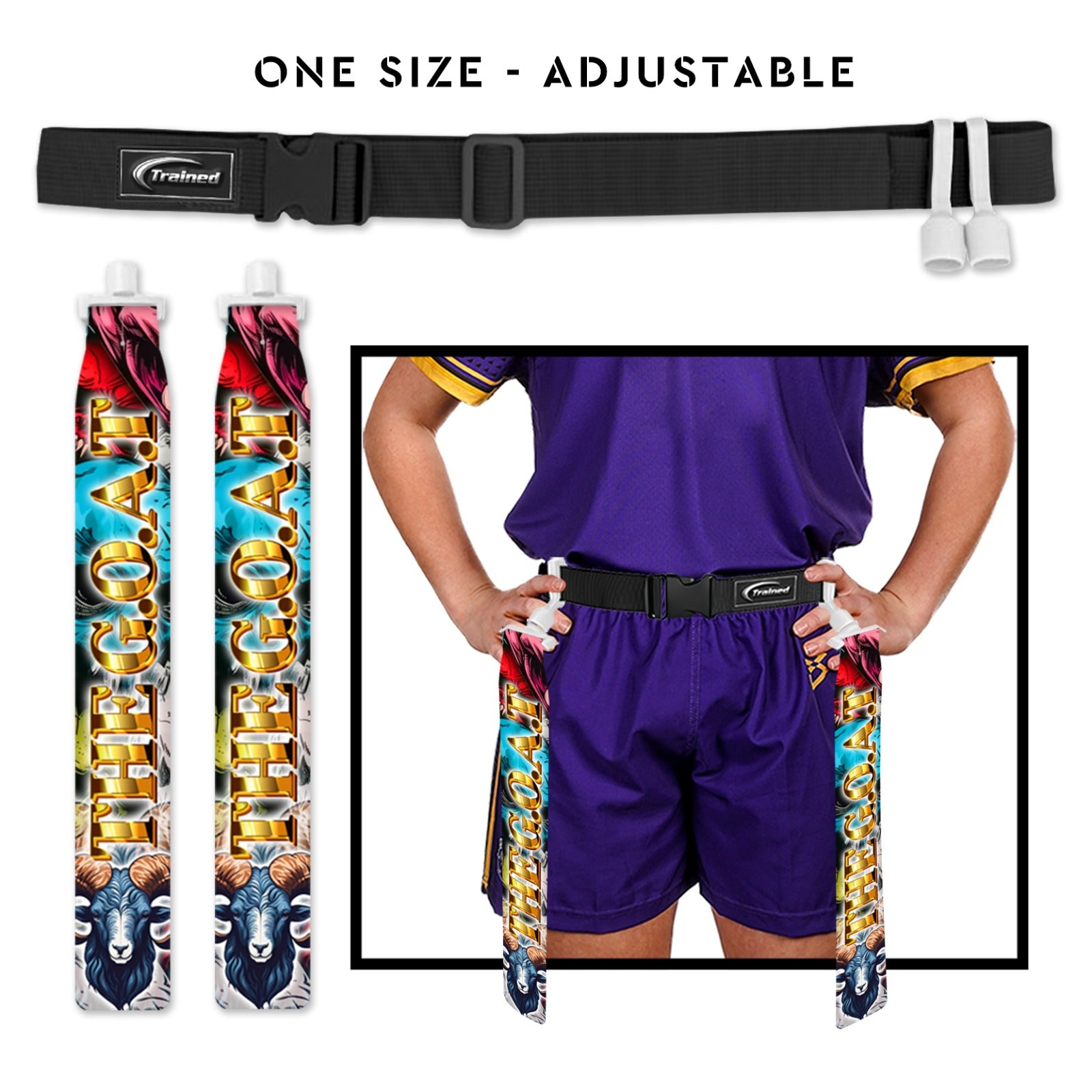 Trained custom flag football belt with The Goat III graphic design with adjustable size