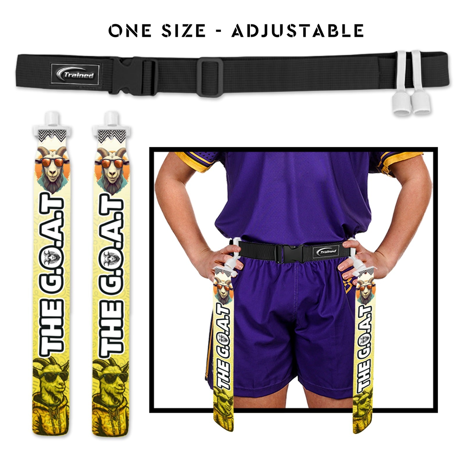 Trained custom flag football belt with The Goat I graphic design and adjustable size