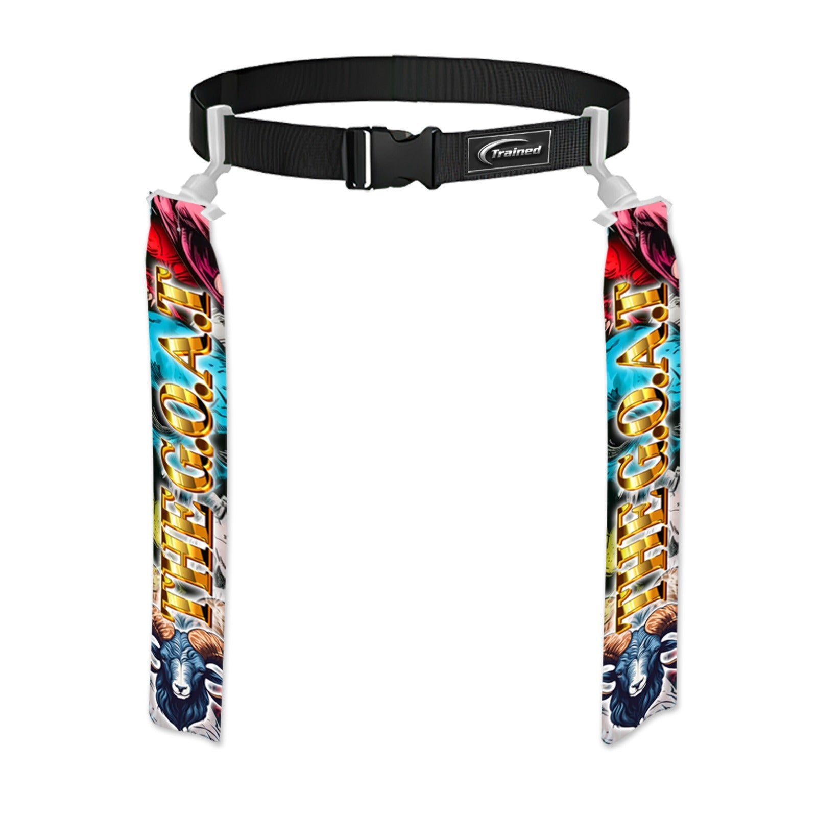 Trained custom flag football belt with The Goat III graphic design