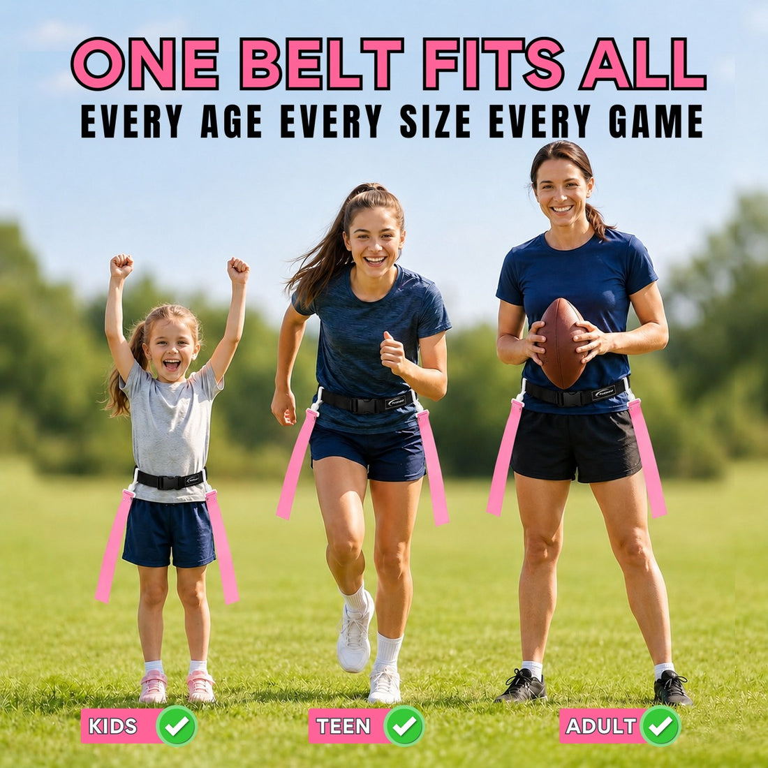 Trained 10 person flag football set with 10 adjustable belts and flag pulls in piink and carry bag
