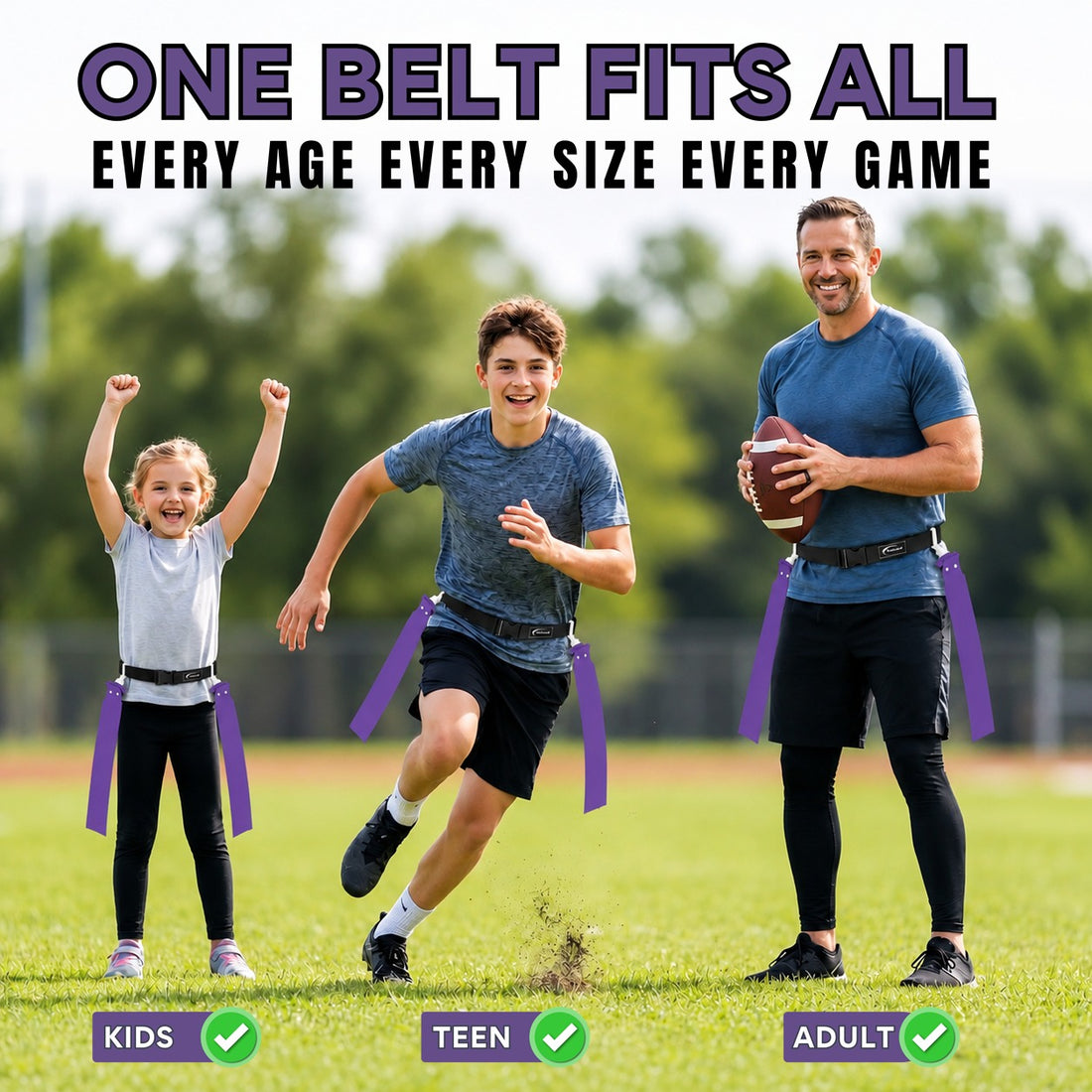 Trained 10 person flag football set with 10 adjustable belts and flag pulls in purple and carry bag