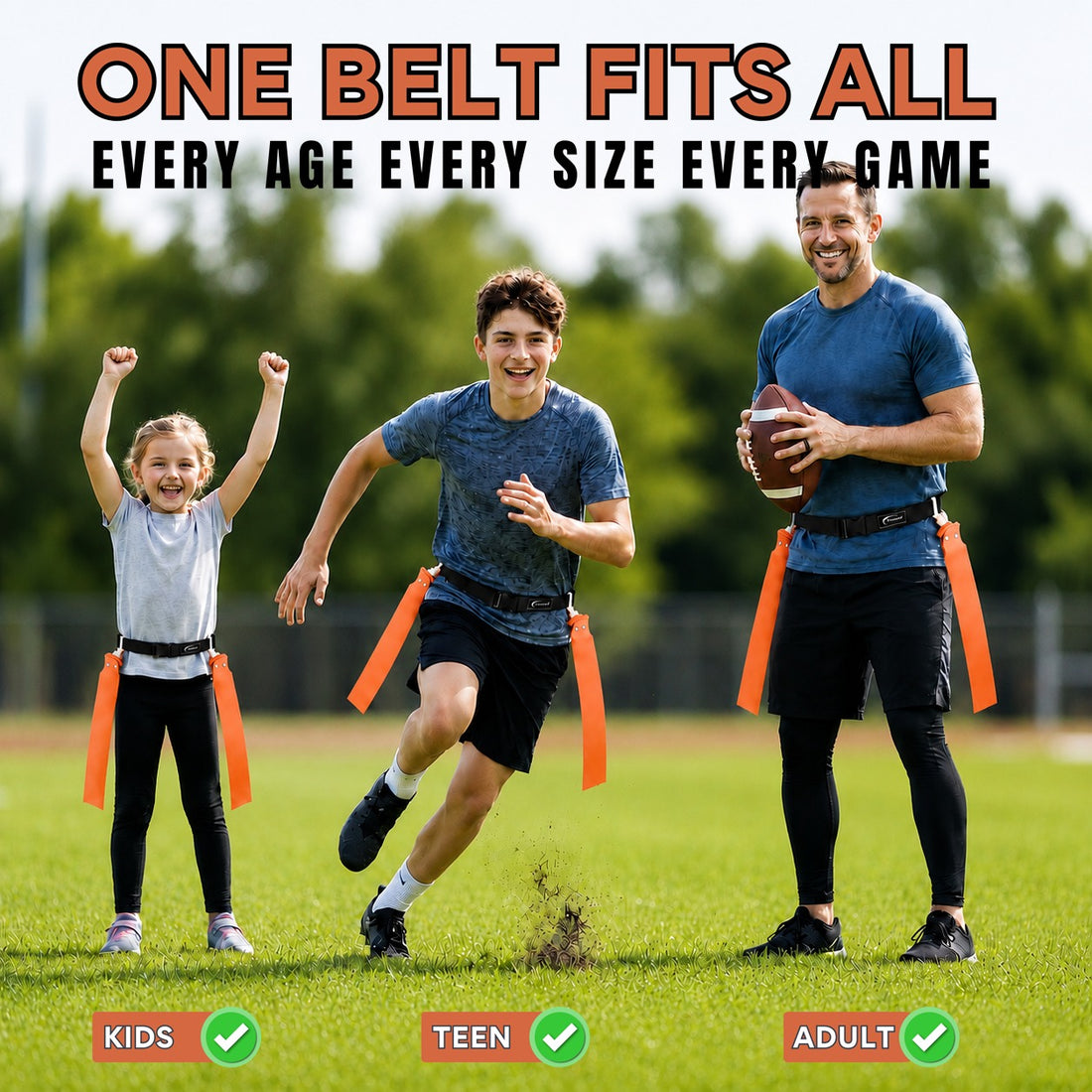 Trained 10 person flag football set with 10 adjustable belts and flag pulls in orange and carry bag