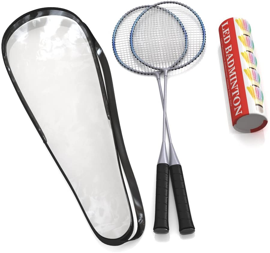 Trained Premium Quality Set of Badminton Rackets, Pair of 2 Rackets, Lightweight &amp; Sturdy, with 5 LED SHUTTLECOCKS, for Professional &amp; Beginner Players Adults and Children, Carrying Bag Included