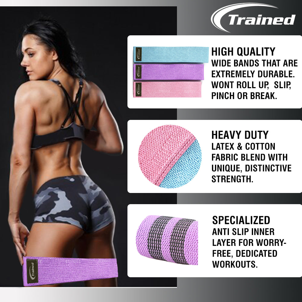 Trained Fabric Booty Bands – Set of 3 Fabric Resistance Bands: Non-slip, Wide, Durable, Comfy Resistance Bands for Butt, Thighs and Legs. Workout For Core, Booty and Glutes. Exercise Program and Carry Bag Included.